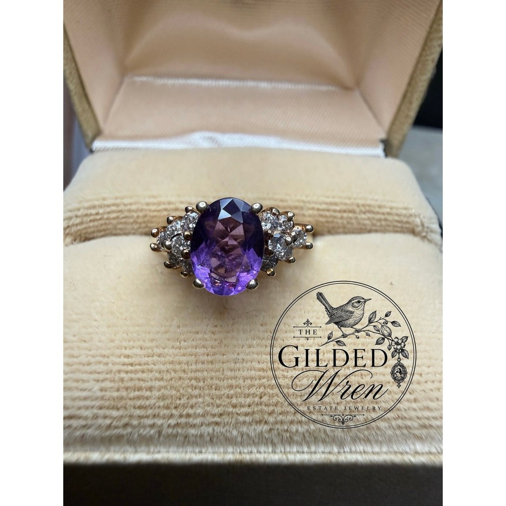 Timeless Vintage 10K Gold Natural Amethyst & Diamond Ring | Size 7