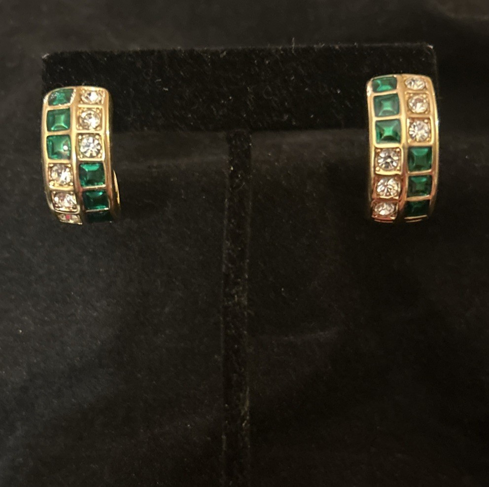 SAL Swarovski Pierced Earrings With White And Green Rhinestones