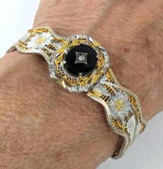 1920s Art Deco Rhodium & Gold Filigree Bangle Bracelet Onyx Stone 6.25 in