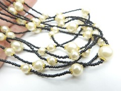 Off White Faux Pearl Black Beaded Multi Strand Necklace Vintage