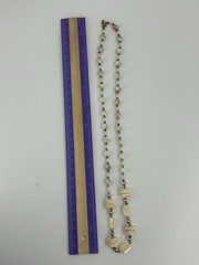 Vintage MOP Mother of Pearl & natural Stone Agate Bead Necklace Chrome Shiny 44″