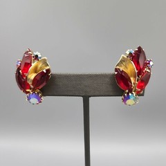 Juliana for Weiss Red Navette Rhinestone Metal Leaf Brooch & Earrings BOOK PIECE