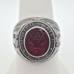 Vintage 925 Sterling Silver US Army Seal Red Intaglio Glass Signet Ring Size 7.5
