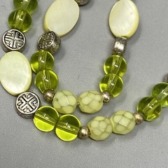 Dainty Glass Station Necklace Lime Green Druk Bead MOP Frosted Acrylic Faceted