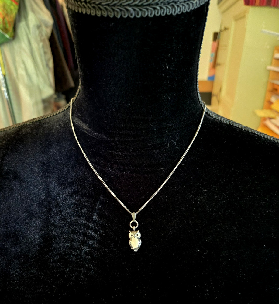 Small Vintage Sterling Silver, Enamel and Black Gem Owl Necklace Pendant