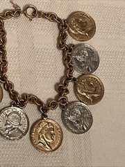 Vintage 1950s Coin Charm Bracelet Napoleon Coins Vasco Nunez de Balboa Coins 8″