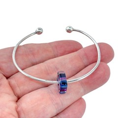 Ball Tip Cuff Bracelet | Purple Glass Charm | Vintage Sterling Silver 925 | 6.5″