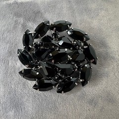 Vintage Jet Black Rhinestone Brooch Silver Tone Marquise Statement Pin