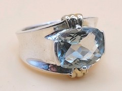 Vintage Sterling Silver 925 Large Cushion-Cut Aquamarine & Gold Accents Size 8.5
