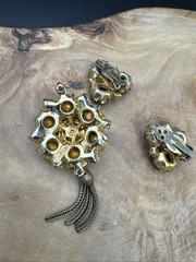 Vtg RARE EDLEE Czech Style Glass Tassel Statement Pendant & Clip-on Earrings