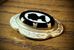Antique Victorian gold and white colored brooch with black and white glass cameo