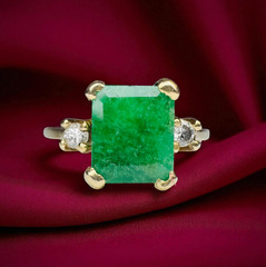 VINTAGE 14K Gold Natural Zambian Emerald & Diamond Ring 1.1CT Emerald Size 7