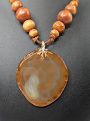 Vintage Carnelian Agate Slab Pendant Necklace Wood Bead Leather Cord 22″ Boho