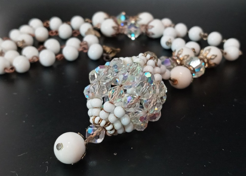 Vintage Milk Glass Acrylic Aurora Borealis Beaded Necklace Unique Pendant *As Is
