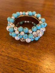 Vintage Expandable Cha-Cha Bead Bracelet Rhinestones Faux Turquoise Pearls
