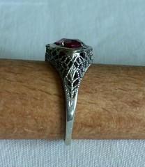 Antique Art Deco 14K ADR White Gold Synthetic Ruby Filigree Marquise Ring Sz 6.5