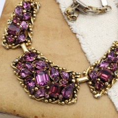 Vtg Barclay Purple Amethyst Rhinestone Gold Tone Necklace Choker Mesh Bib Signed