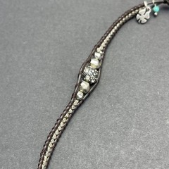 Lucky Brand Woven Brown Silver Tone Bead Necklace Rhinestones 22” Adjusts
