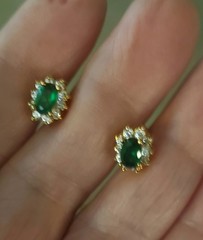 Vintage Faux Emerald Halo Stud Earrings – 3mm x 6mm Stones