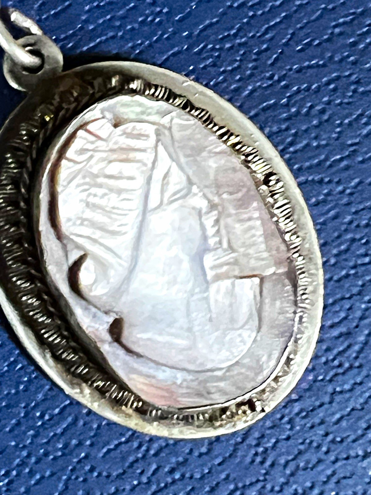 Oval, Abalone Shell carved cameo .800 sterling. Chain .925 16”