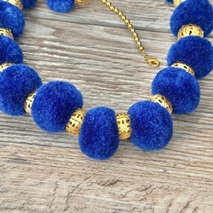 Vintage Beaded Pom Pom Statement Necklace Blue & Gold tone