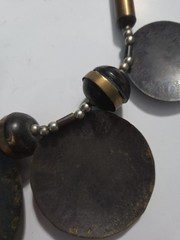 Vtg. Brass, Copper? Wood Beads Tribal Necklace, Large Round Disks