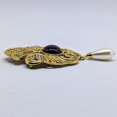 JEFF LIEB Vintage Brooch Pin Glass Rhinestones Cabochon Faux Pearl Purple