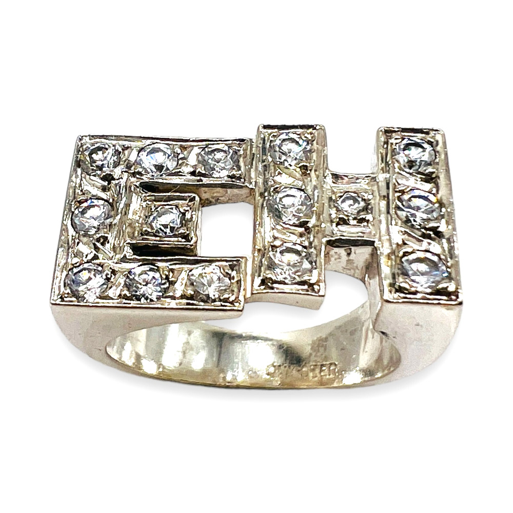 Double INITIAL E H Block LETTER Cubic Zirconia CZ 925 Sterling Silver SZ 8.5