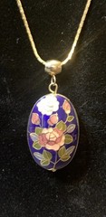 Cloisonné Pendant Floral Design 24 inch Gold Plated Chain Vintage Blue Pink