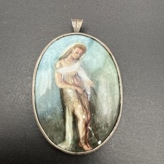 READ Antique 800 Silver Signed Hand Painted Woman Brooch Pin Trombone Clasp J29