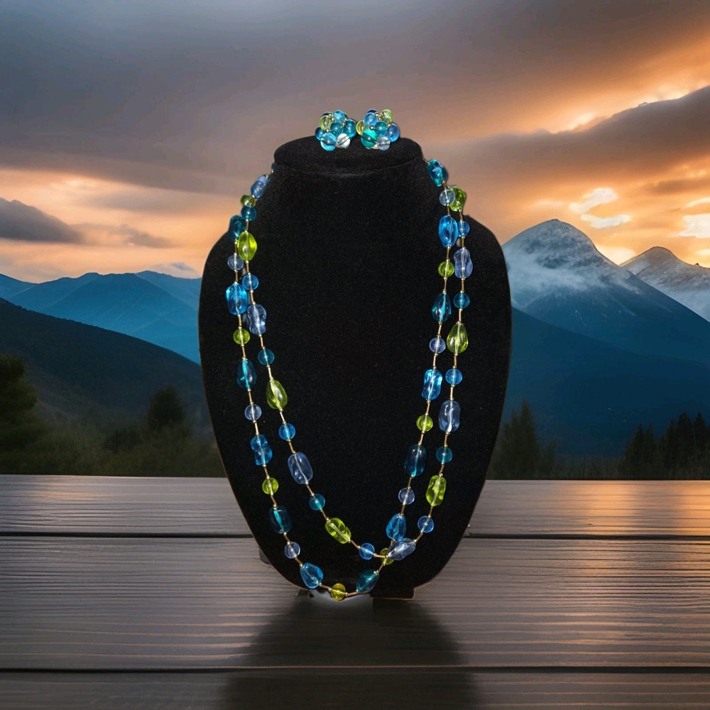 Vtg 1960s Lucite Bead Jewelry Set Double Strand Necklace Blue Green Clip…