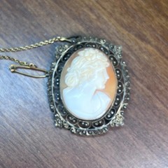 Vtg Hand Carved Shell Cameo Brooch Pendant Gold Tone Filigree Frame Safety Chain