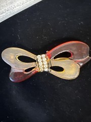 RARE Vintage Bakelite Amber Carved Bow Pin Brooch 3.25”