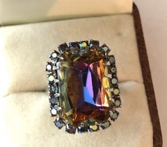 Vintage Aurora Borealis Rhinestone Adjustable Statement Ring Size 6-Plus