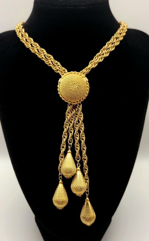 Vintage Gold Tone Lariat Necklace Adjustable Slider Bead Tassel Drop Statement