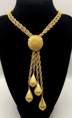 Vintage Gold Tone Lariat Necklace Adjustable Slider Bead Tassel Drop Statement
