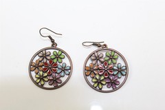 Earrings Bronze-tone Alloy With Resin Fill Floral Design Dangle Vintage