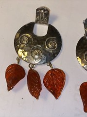 Earrings HOBE Pierced Hang 3” Articulated Red Art Glass Leaves Dangle Vintage