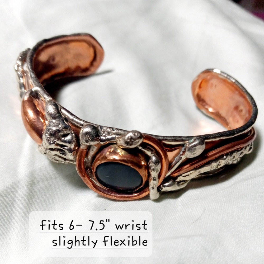 Artisan Cuff Bracelet Mixed Metals Copper Onyx Stone Slight Flex Brutalist 0198