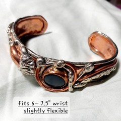 Artisan Cuff Bracelet Mixed Metals Copper Onyx Stone Slight Flex Brutalist 0198