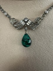 Vintage Schoffel 16″ Rhinestone & Faux Cabochon Emerald Green Necklace 1930s