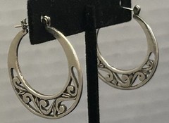 Vintage JEZ Jezlaine Sterling Silver Filigree Flat Scroll Hoop Earrings