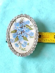 Decoupage Cottagecore Blue Flower Clear Rhinestone Brooch Pin Garden Spring