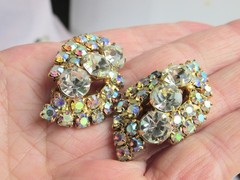 Vintage Chunky Clear & AB Rhinestone Earrings Clip-On Gold Plate
