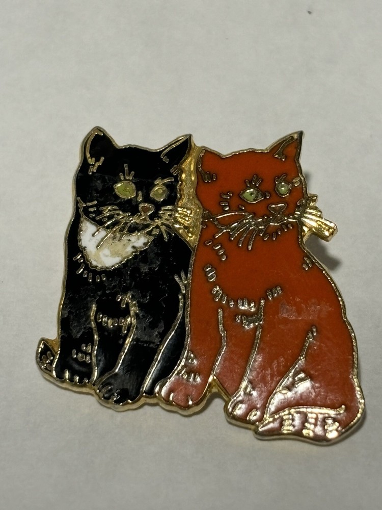 Vintage Cat Pin Brooch black and Orange halloween kitties Enamel rare