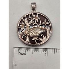 Vintage Sterling Silver Koi Fish Carnelian Pendant Round Filigree Medallion
