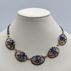 COROCRAFT Sterling Silver Blue Moonstone Rhinestone Flower Chocker Necklace 15.5