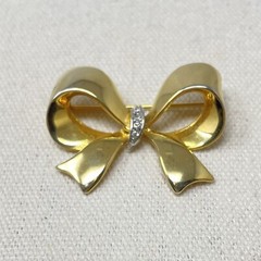 Gold-Tone Bow Brooch With Rhinestone Accents Marked