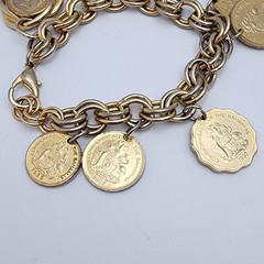Vtg Bahama Coin Dangle Charm Gold Tone Bracelet 80s 90s Double Link Chain 7.5″