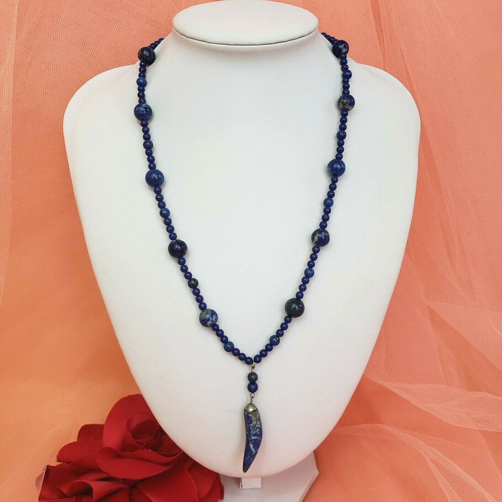 Vintage Lapis Lazuli 20” Long Necklace with Horn Pendant 32g Beauty